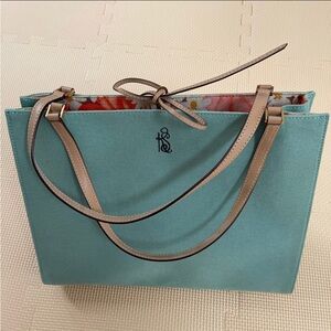 Chic Teal Tote Bag with Floral Interior